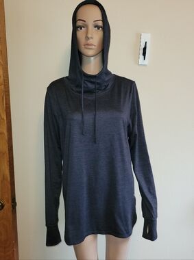 Reebok Black Marled Hooded Pullover Top With Thumb Holes. Size XL